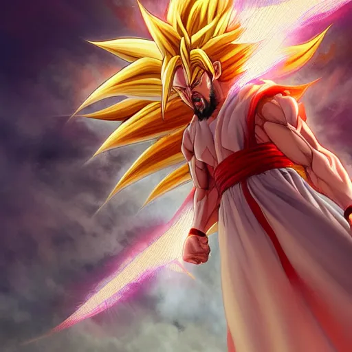 Image similar to Jesus christ transforming in super Saiyan , by Stanley Artgerm Lau, WLOP, Rossdraws, James Jean, Andrei Riabovitchev, Marc Simonetti, Yoshitaka Amano, ArtStation, CGSociety,