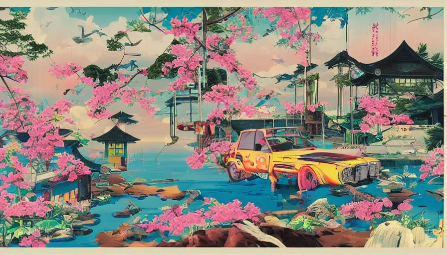 Prompt: maximalist Japan rural travel. craft adventure, isolated on a minimalist white acrylic base coat, acrylic airbrush collage-painting by Jules Julien, Leslie David and Lisa Frank, muted colors with predominant white background minimalism, neon color mixed media painterly details, neo-classical composition, rule of thirds, design tension, impactful graphic design