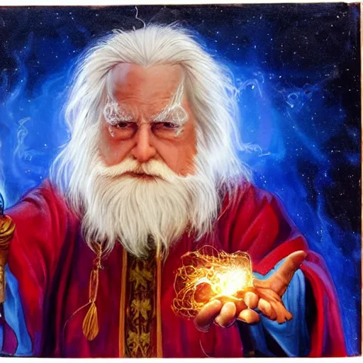 Prompt: a wizard holding an orb of frost in one hand and an orb of fire in the other, blue robes, red background, symmetrical, long white hair, long white beard, realistic painting, fantasy