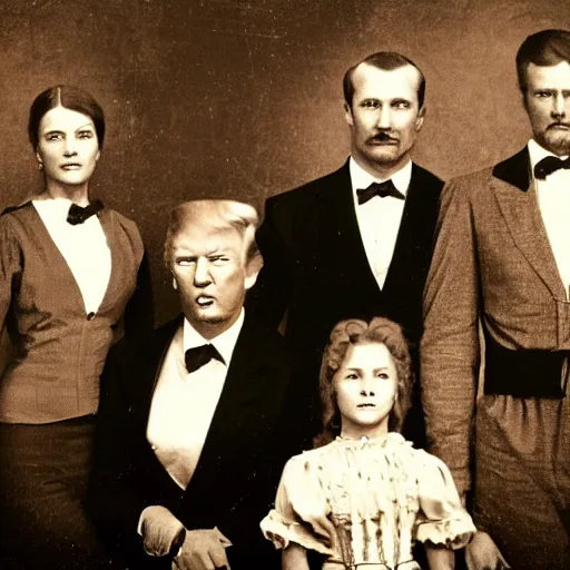 Prompt: Donald Trump and his family as a old west family portrait, sepia