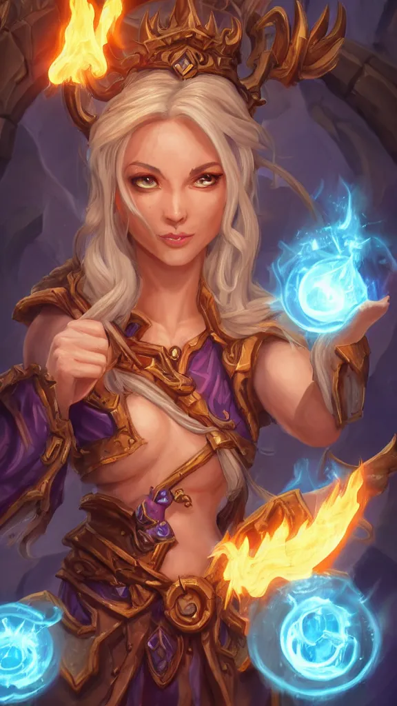 Image similar to hearthstone official professional art. a sorceress, wearing a robe casting a fire ball. insanely coherent physical body parts ( face, arms, legs, hair, eyes, pupil, eye white ). full body realistic, sharp focus, 8 k high definition, insanely detailed, intricate, elegant, smooth, sharp focus, illustration, artstation