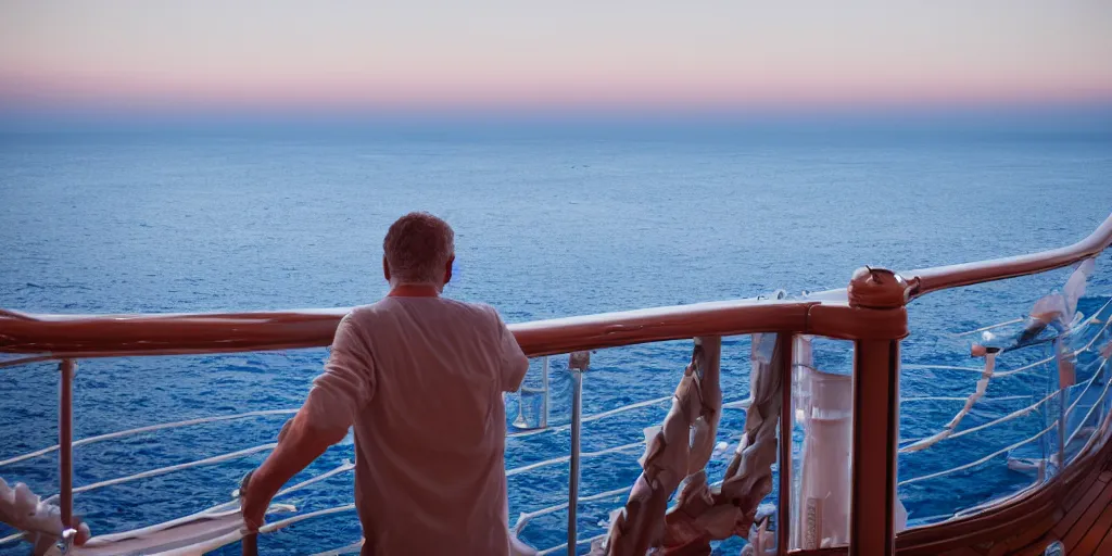 Prompt: a man on a cruise ship leaning on the guardrail smoking and watching the sea at midnight, photo, 8 k