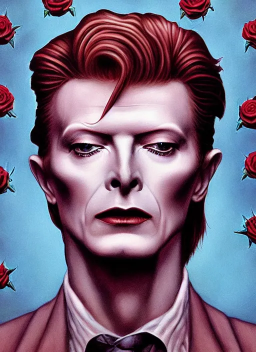 Image similar to twin peaks poster art, portrait of david bowie large blue rose looms over him, by michael whelan, rossetti bouguereau, artgerm, retro, nostalgic, old fashioned