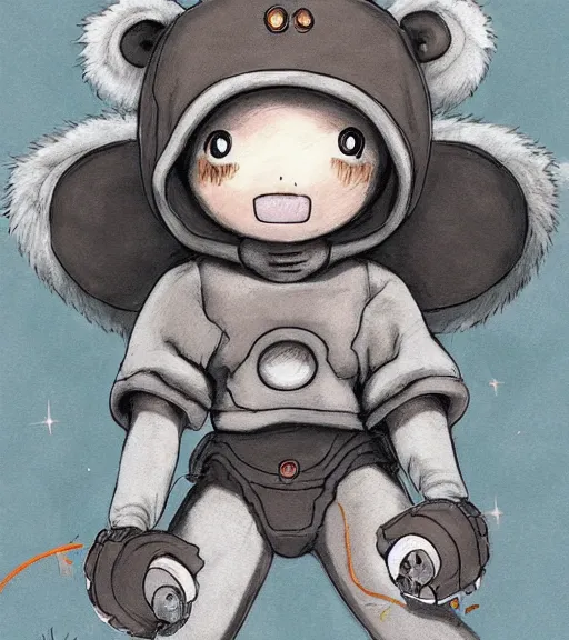 Image similar to beautiful little boy wearing an cyborg bear suit, artwork in kentaro miura and made in abyss, inspired in super bomberman, smooth, beautiful lightness, anatomically correct, trending on pixiv, forest