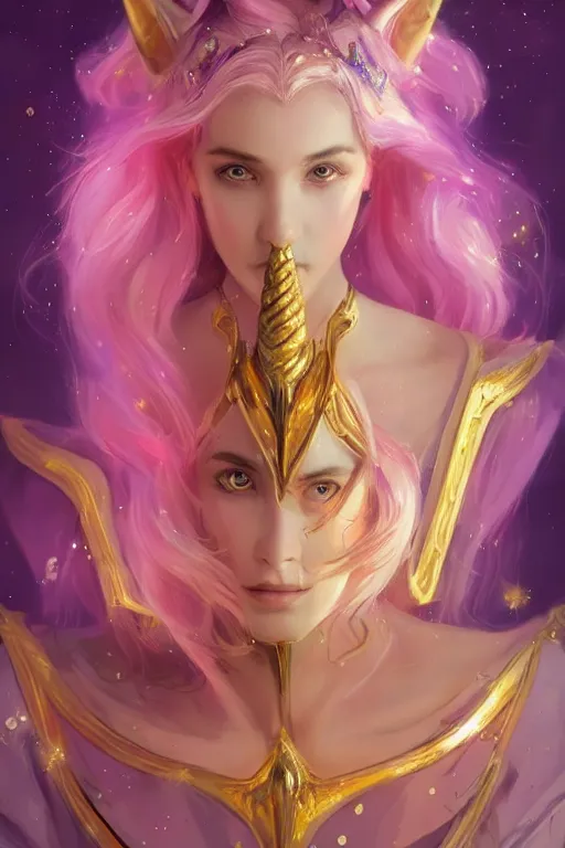 Image similar to beautiful princess Unicorn in gold and purple pink soft lighting, symmetrical portrait, high quality, cinematic by WLOP and Rossdraws, concept art of the character. Epic composition, hyperrealism, award-winning artwork, realistic hair, artstation trend, high quality printing, fine art with subtle redshift rendering