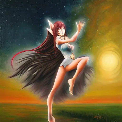 Prompt: oil painting of a long hair anime lady ELF dancing in the moonlight l Trending on Pixiv