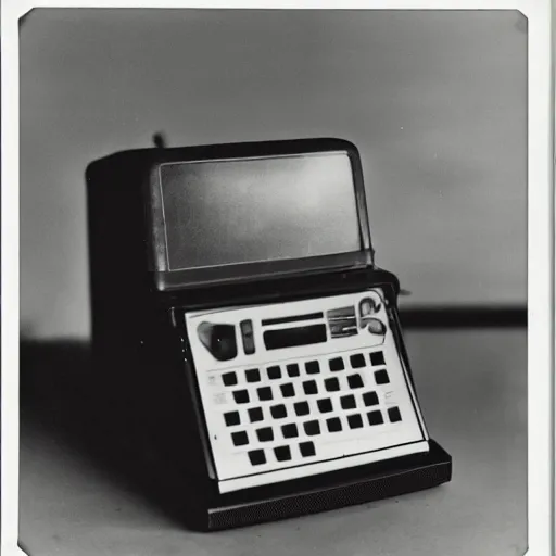 Prompt: Photograph of the first secret prototype computer. 1940s. Greyscale. Polaroid.