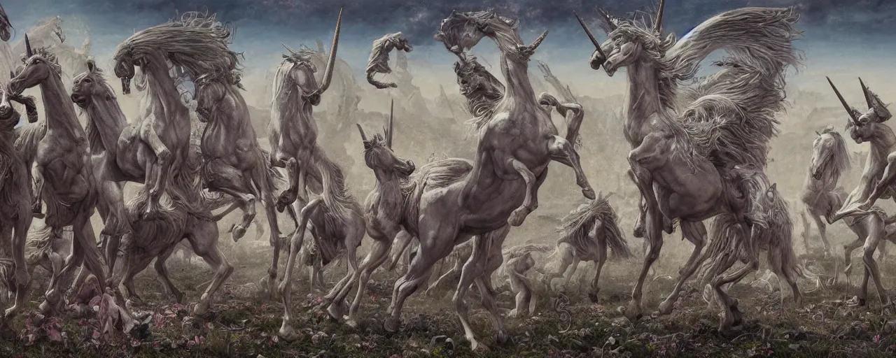 Image similar to a stunning detailed mate painting of unicorns dancing on a graveyard'by wayne barlowe, existential horror, trending on cgsociety artstation, highly detailed, 8 k, masterpiece, super resolution.