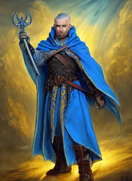 Image similar to bright blue cloak male priest, ultra detailed fantasy, dndbeyond, bright, colourful, realistic, dnd character portrait, full body, pathfinder, pinterest, art by ralph horsley, dnd, rpg, lotr game design fanart by concept art, behance hd, artstation, deviantart, hdr render in unreal engine 5