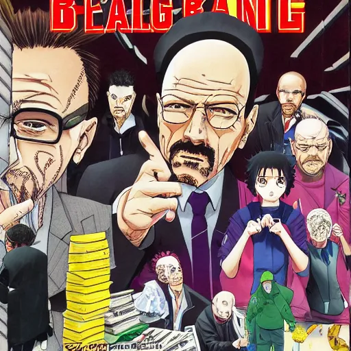 Prompt: Breaking Bad, manga cover illustration by Hirohiko Araki, Takeuchi Takashi, Pochi Iida, Masashi Kishimoto, Junichi Oda, Jojo, Shonen Jump, detailed HD, trending on mangakalot