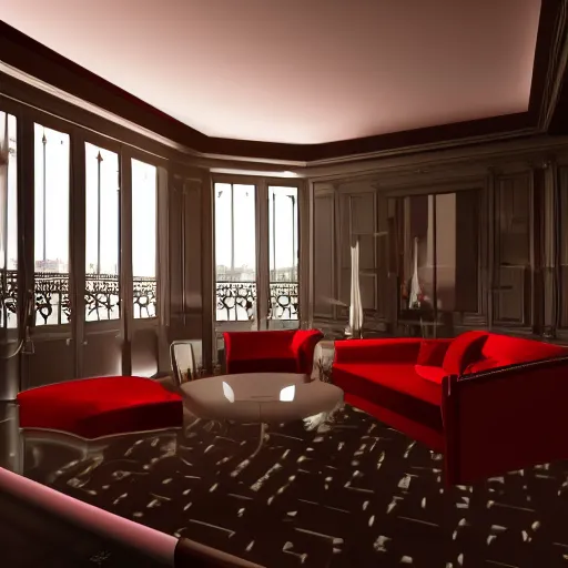 Prompt: A photorealistic virtual music studio, Paris hotel style, red velvet furniture, light rays coming out of the windows, the windows have a view on Paris, raytracing, highly detailed, futuristic, unreal engine 5, photoscanned, photorealistic,