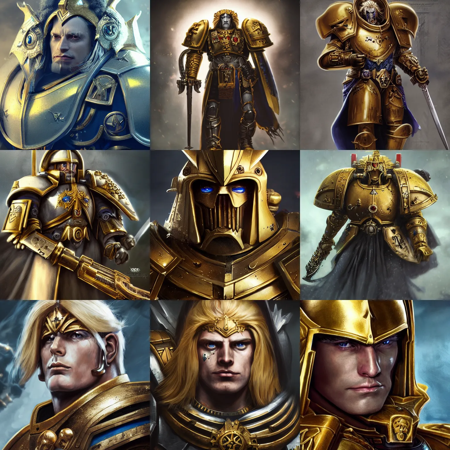 Prompt: warhammer 40k, portrait of Emperor of Mankind, beautiful male face, gold armor and sword, long blonde hair, digital art, illustration, fine details, cinematic, highly detailed, octane render, unreal engine, concept art, artstation