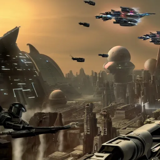 Image similar to coruscant being attacked by the mandalorian's.