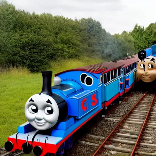 Prompt: thomas the tank engine chasing school children through a field that is on fire