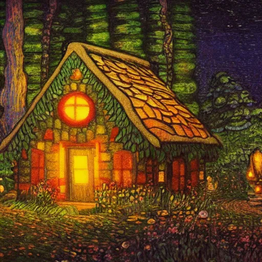 Image similar to mysterious detailed painting of a fairytale cottage in the woods at night, surrounded by giant glowing mushrooms, in the style of studio ghibli and moebius and claude monet and edward hopper and vincent van gogh