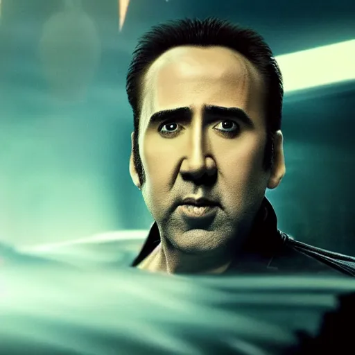 Image similar to glamour photo shot of nicolas cage with crazy grin and dramatic lightning and backlightning, bladerunner 2 0 4 9, highly detailed