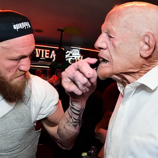 Image similar to Conor McGregor slapping a frail elderly man inside a bar