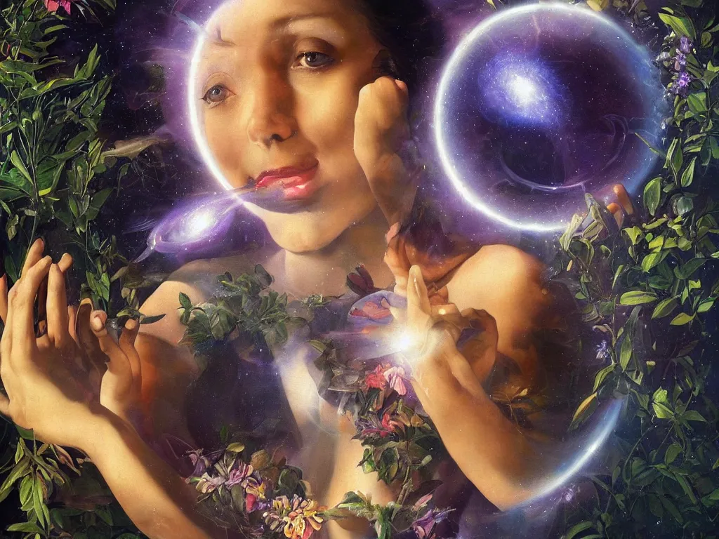 Image similar to hyperrealistic still life painting of a beautiful goddess with her third eye blasting open a portal into a new dimension, deep space, wrapped in fabric and gently smiling, surrounded by refracting prisms in a tesseract, by Caravaggio, botanical print, beautiful plants, surrealism, vivid colors, serene, golden ratio