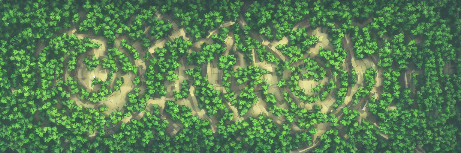 Prompt: a forest maze viewed from above, extremely detailed, beautiful, high quality image, dynamic lighting, photorealistic, trending on art station, stunning visuals, creative, cinematic, ultra detailed