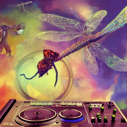 Image similar to surreal gouache painting, by yoshitaka amano, by ruan jia, by Conrad roset, by good smile company, detailed anime 3d render of big transparent amber stone in the center of the screen with a magical dragonfly inside. dragonfly inside an amber stone, amber stone on the Dj mixer, Surrounded by a big DJ Mixer, Controller deck, portrait, cgsociety, artstation, rococo mechanical and Digital and electronic, dieselpunk atmosphere