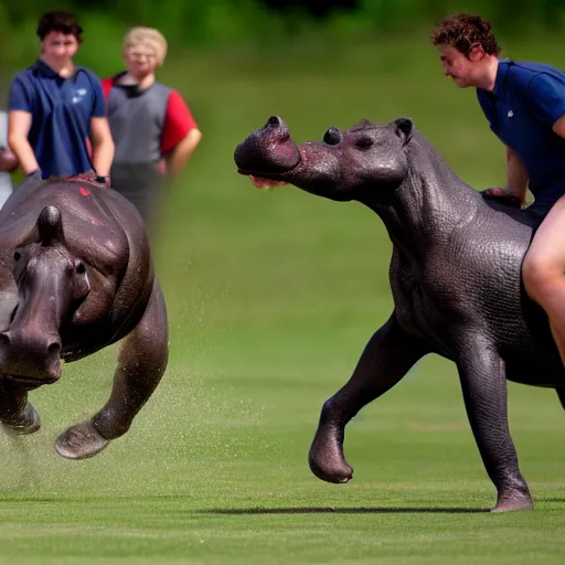 Prompt: polo played with humans and hippopotamuses. sports photograph.