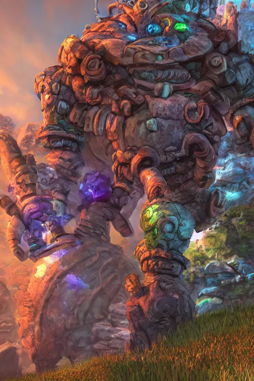 Image similar to zelda fantasy art giant golem troll wood rock greeble gemstone, global illumination ray tracing hdr fanart arstation by sung choi and eric pfeiffer and gabriel garza and casper konefal