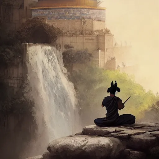 Image similar to A wise swordsman sitting meditating on a stone of a shaolin temple mount with a waterfall behind, artstation, Greg rutkowski, cinematic, digital Art