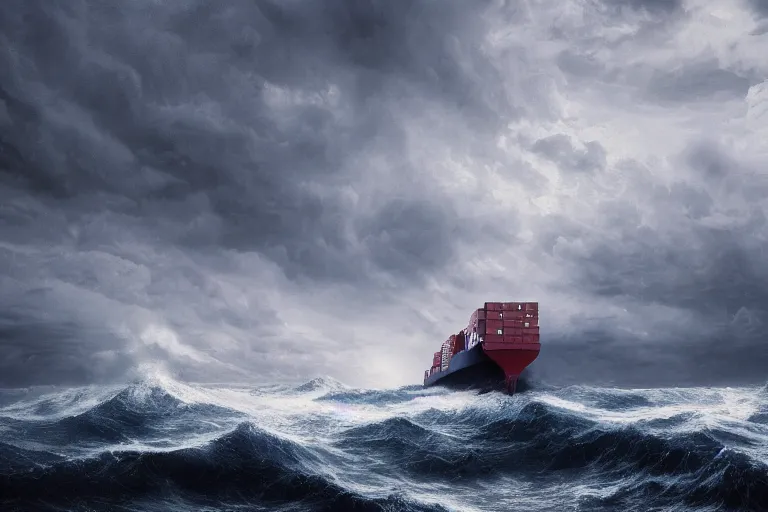 Image similar to container ship in a storm, in the style of vernon grant and chris van allsburg, raging stormy sea, trending on artstation, bright tilt - shift camcorder effect, photoshop, retrowave, hyperrealism, octane, sharp focus, masterpiece