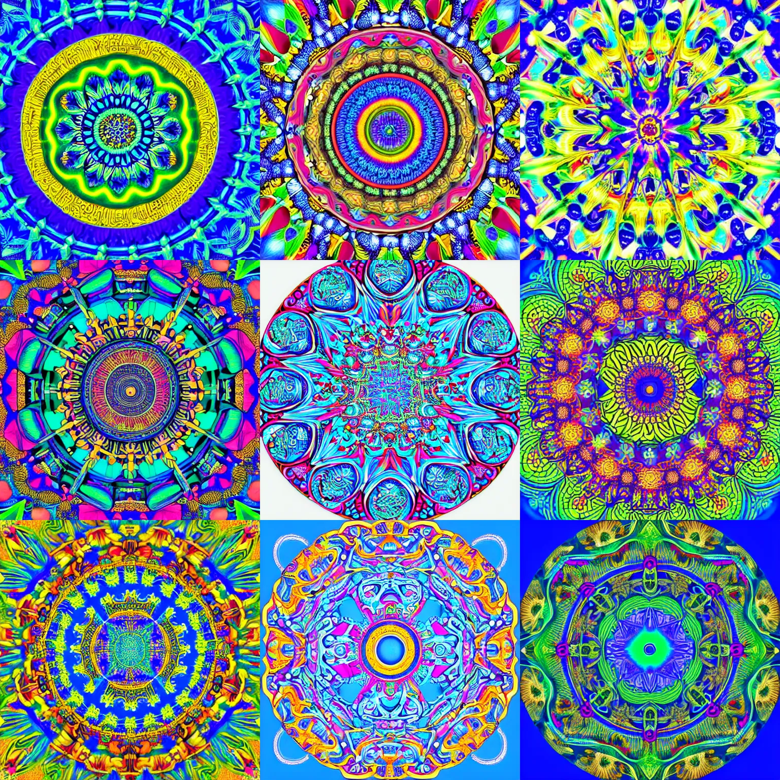 Prompt: a colorful circular ornament on a blue background, a detailed drawing by wolfgang zelmer, shutterstock contest winner, psychedelic art, psychedelic, fractalism, intricate patterns
