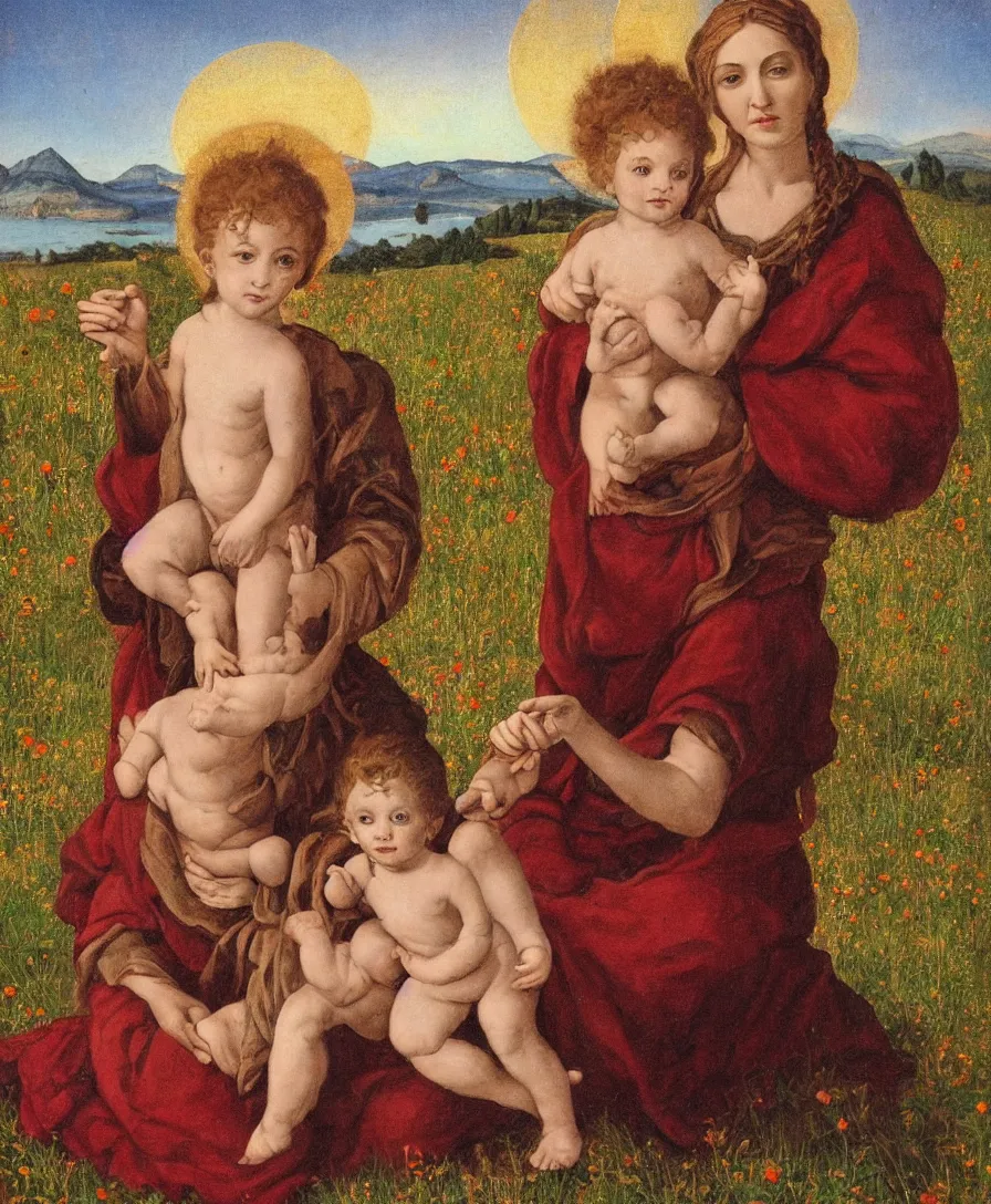 Prompt: Detailed Portrait of Madonna, with infant Jesus playin with thin long cross in the style of Raffael. Red curly hair. They are sitting in a dried out meadow in Tuscany, red poppy in the field. On the horizon there is a blue lake with a town like florence and blue mountains alps. Golden Ratio. Flat perspective.