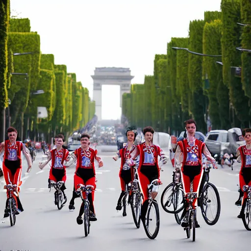 Image similar to sports photo of troupe of clowns on unicycles in a bunch sprint on the champs de elysees, tour de france