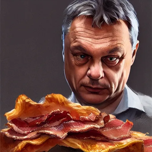 Image similar to viktor orban with detailed eyes, sitting on a large pile of bacon by greg rutkowski