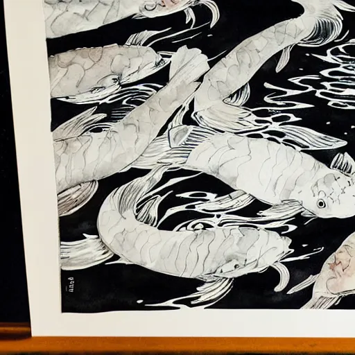 Expressionist Painting, Fine Art, Black and White, Sumi Ink, Tapestry,  Abstract, Drawing, Underwater, Fish, Ocean, Nature, Koi, Sea 