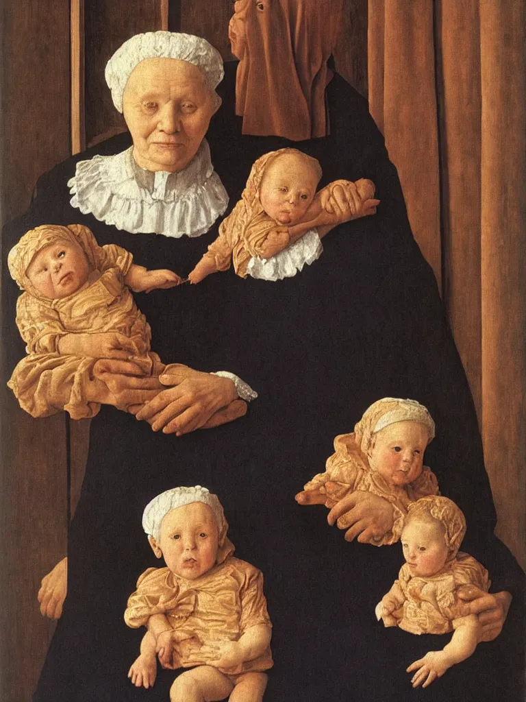 Image similar to portrait of a old woman holding a younger woman on her lap, that holds another, even younger woman, holding a girl holding a baby. painting by jan van eyck, rene magritte.