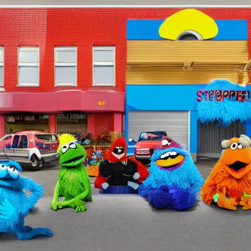 Image similar to wide angle shot of traffic on sesame street with muppets colorful cel shading, cookie monster, elmo, oscar the grouch