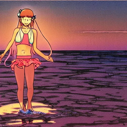 Prompt: girl in swimsuit at the beach running into water, sprite, vaporwave nostalgia, directed by beat takeshi, visual novel cg, 8 0 s anime vibe, kimagure orange road, maison ikkoku, sketch by osamu tezuka, directed by makoto shinkai and beat takeshi