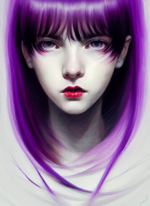 Image similar to portrait of teenage girl, red irises, bangs, black and white hair, white bangs, purple clothes, white bangs, two color hair, black hair and white bangs, intricate, elegant, glowing lights, highly detailed, digital painting, artstation, concept art, smooth, sharp focus, illustration, art by wlop, mars ravelo and greg rutkowski