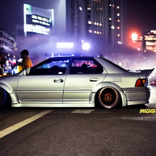 Image similar to a car JZX100 turbo drift at illegal car meet, Shibuya prefecture, midnight mist lights, cinematic color, photorealistic, highly detailed wheels, highly detailed