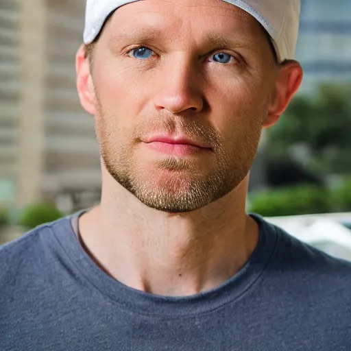 Image similar to color photograph of a 40 year old very handsome white skinny man with short, curly, blond hair and very small blue eyes, dressed in a white t shirt, gray shorts and a gray cabby cap, with a small mole to the right of his very thin lips, with a straight nose and blond stubble, with a round face, and an earring in the left ear. He resembles a lion.