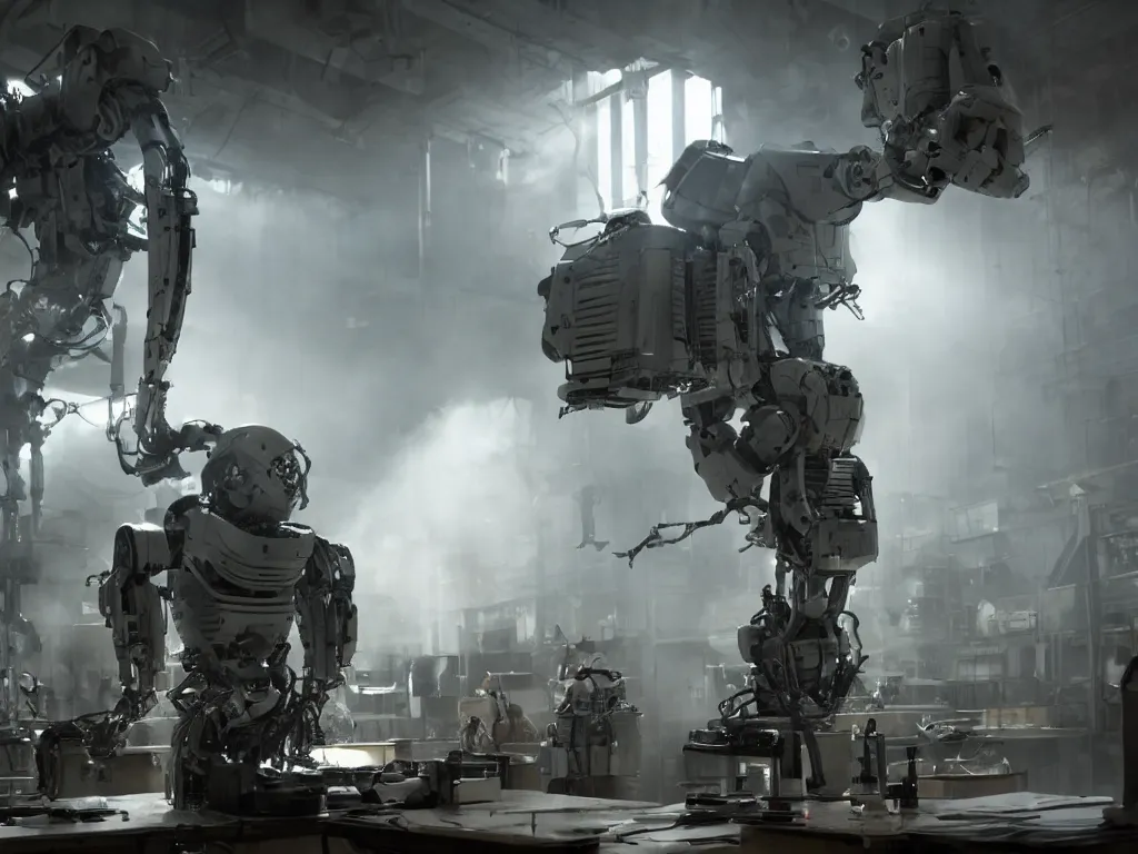 Image similar to bernie sanders building a scifi doomsday robot, cinematic moody lighting, sharp focus, dirty laboratory, imax, neill blomkamp mvie still