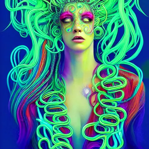 Image similar to A sea goddess with neon tentacles hair having an extremely colorful psychedelic experience, warping time and space, magic mushrooms, psilocybin, LSD, face, detailed, intricate, elegant, highly detailed, digital painting, artstation, concept art, smooth, sharp focus, illustration, art by Krenz Cushart and Artem Demura and alphonse mucha, Octane render, unreal engine, 8K