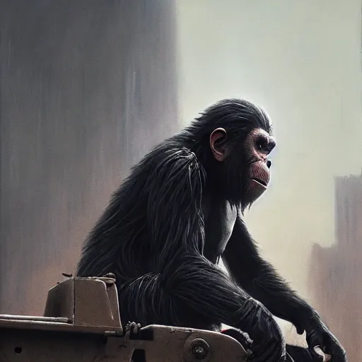 Prompt: evil ape from planet of the apes, blind in one eye!, covered in scars!, sitting on top of a tank, hero character art, scars, by chris leib and greg rutkowski in a dark fantasy style, oil on canvas, volumetric lighting, 8k, hd.