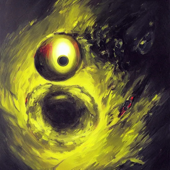 Image similar to cinematic portrait of a tennis ball monster in the abyss of space, oil on canvas, masterpiece, trending on artstation, featured on pixiv, cinematic composition, dramatic pose, beautiful lighting, sharp details, hyper-detailed, HD, HDR, 4K, 8K, art by Basil Gogos