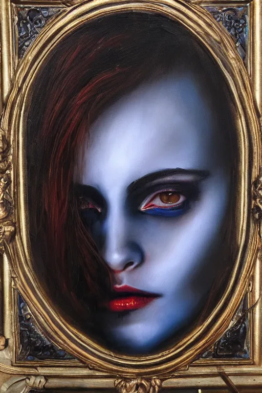 Image similar to hyperrealism oil painting, close - up portrait of european medieval brunette vampire fashion model, knight, steel gradient mixed with nebula sky, in style of baroque