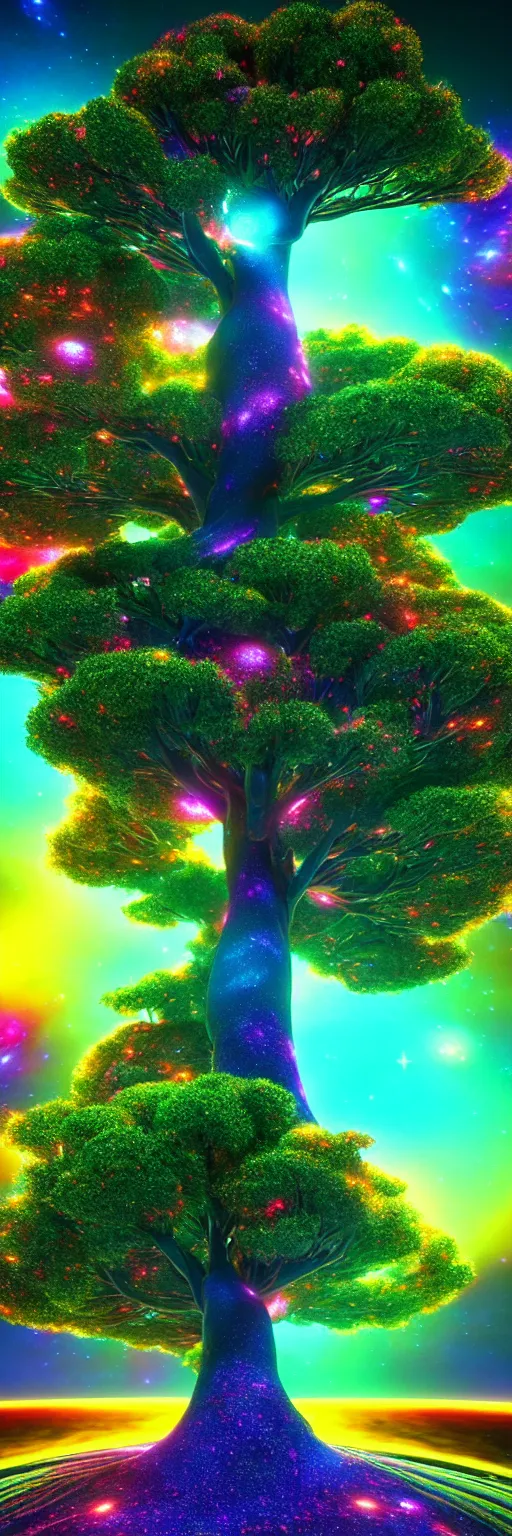 Prompt: the cosmic tree of life : : growing through the universe, cosmic scale, vibrant color, octane render, unreal 3 d, raytracing, volumetric light, 8 k