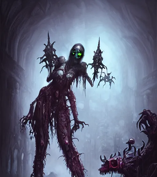 Prompt: gothic necrolord female with zombie servents, digital painting, liminal eerie midnight backlit, a picture taken by Michael Komarck and Daniel Ljunggren