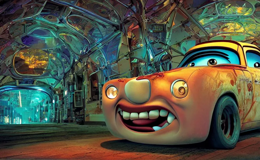 Image similar to mater from cars in a mirrored fractal hallway, romance novel cover, dmt visualization, in 1 9 9 5, y 2 k cybercore, industrial photography, still from a ridley scott movie