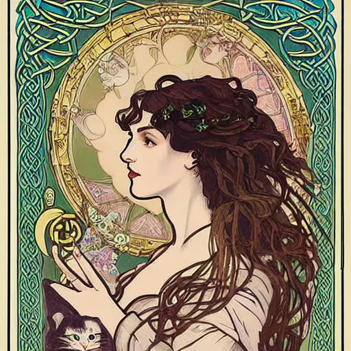 Image similar to lady with long curly hair with a cat beside her, celtic spread tarot cards on a table in front of her, elegant face, in a gypsy tent with Alphonse Mucha art nouveau poster style, with thin lines and pastel colors,