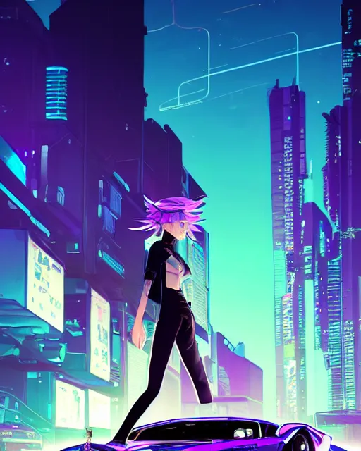 Image similar to digital illustration of cyberpunk pretty girl with blue hair, standing in front of a purple lamborghini, in junkyard at night, by makoto shinkai, ilya kuvshinov, lois van baarle, rossdraws, basquiat