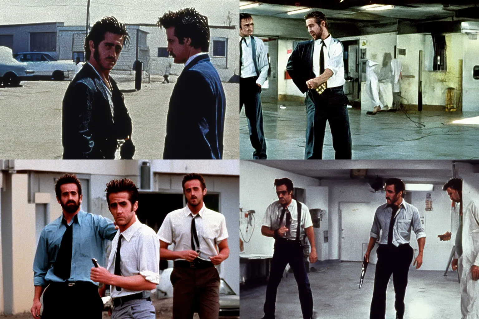 Prompt: Jake Gyllenhaal and Ryan Gosling in Reservoir Dogs (1992), meth lab, film still